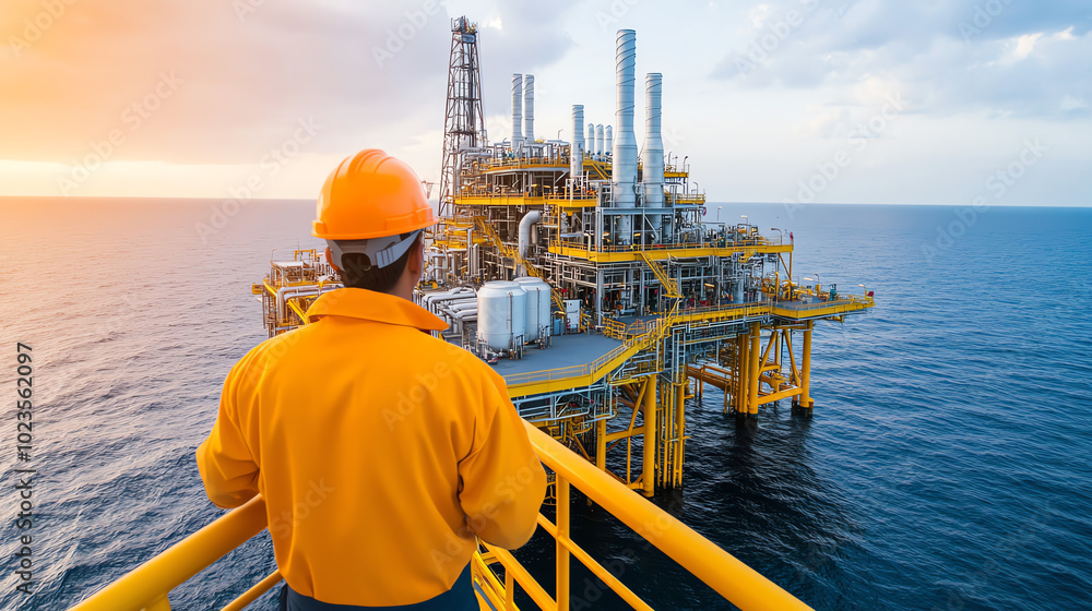 A worker in an orange helmet observes an offshore oil rig at sunset, showcasing the intersection of human labor and technology in energy production.