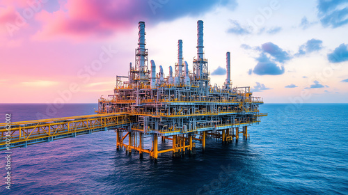 An offshore oil rig standing tall against a vibrant sunset, surrounded by tranquil waters. The structure showcases modern engineering and energy production.