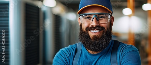 Cheerful HVAC Technician with Wrench by Air Handler in Bright Workspace | Medium Shot of Smiling Technician in Soft Focus Background