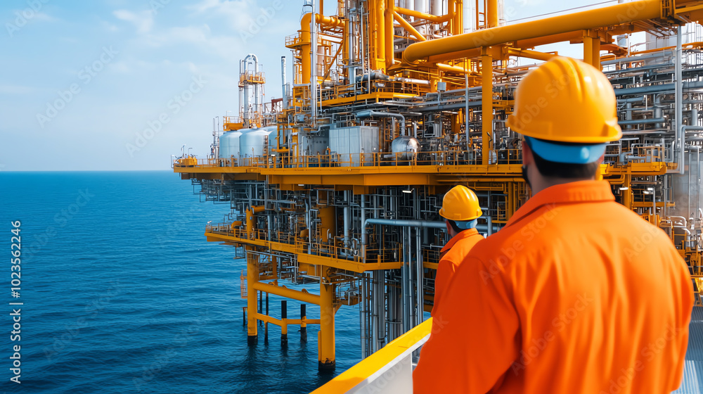 Workers overlooking an offshore oil platform from a distance, wearing safety gear and surrounded by the vast ocean, representing industrial activity and engineering innovation.