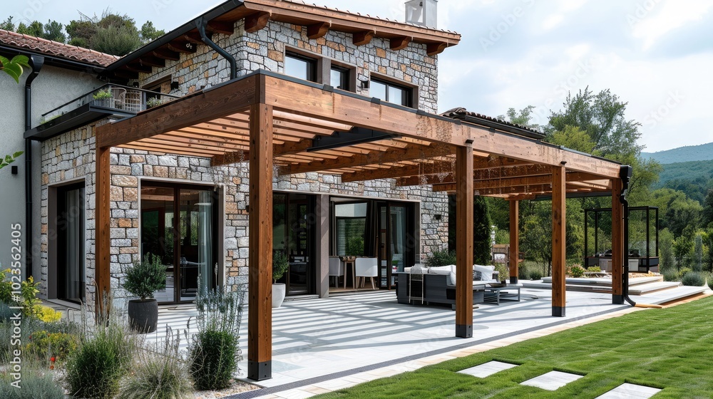 A contemporary tuscan style stone house with modern wooden patio pergola shading system, combination local natural stone with wood. A contemporary tuscan style stone house with modern wooden patio pergola shading system, combination local natural stone with wood.
