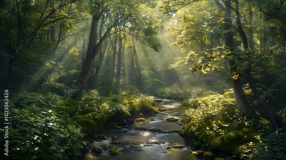 Obraz premium Sunlit forest stream with lush greenery and soft mist