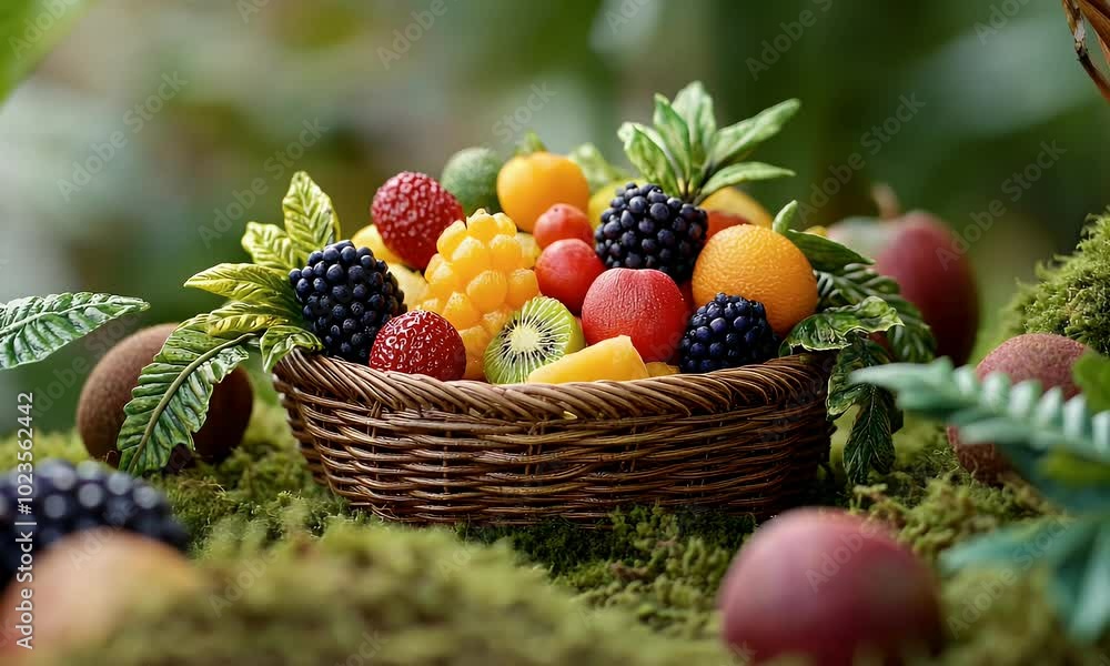 A vibrant basket filled with assorted fresh fruits, set against a natural backdrop. A vibrant basket filled with assorted fresh fruits, set against a natural backdrop.