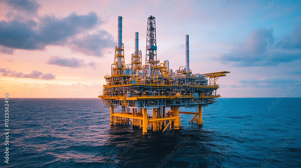 An offshore oil rig standing tall in the ocean during sunset, showcasing its structure and multiple drilling platforms against a backdrop of colorful clouds. An offshore oil rig standing tall in the ocean during sunset, showcasing its structure and multiple drilling platforms against a backdrop of colorful clouds.