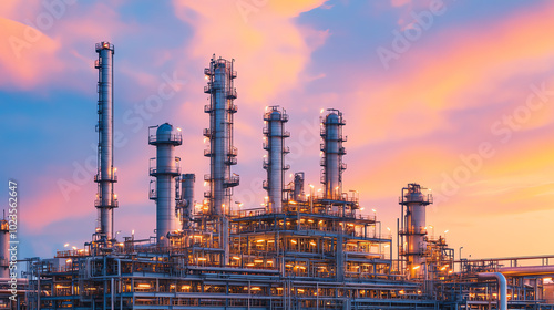 Wallpaper Mural An industrial complex featuring tall smokestacks and intricate piping under a vibrant sunset sky. The scene showcases the complexity of modern engineering and energy production. Torontodigital.ca