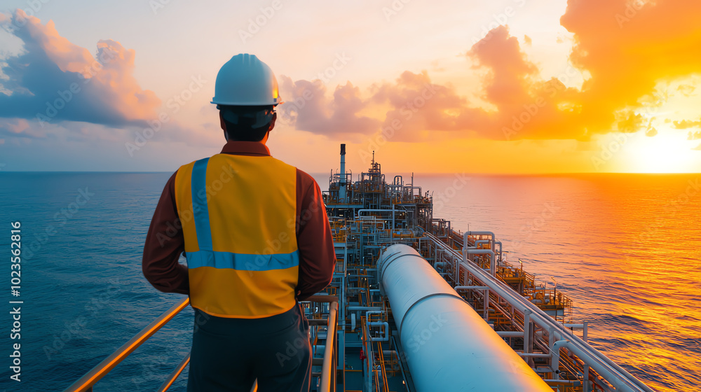 A worker in a safety helmet and vest overlooking a pipeline at sunset. The scene captures the essence of industrial work, emphasizing safety and operational excellence.