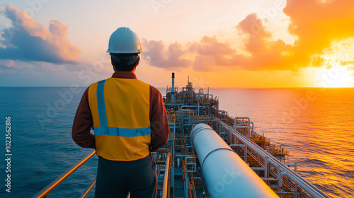 Obraz na płótnie A worker in a safety helmet and vest overlooking a pipeline at sunset. The scene captures the essence of industrial work, emphasizing safety and operational excellence. w salonie