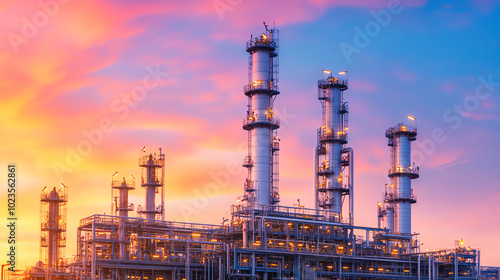 Wallpaper Mural A modern industrial complex featuring tall smokestacks against a vibrant sunset sky, showcasing the blending of technology and nature in the manufacturing sector. Torontodigital.ca