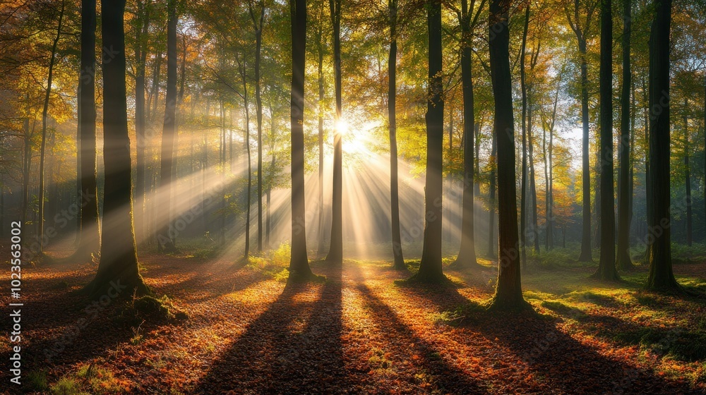 Obraz premium Sun rays breaking through the trees in a misty forest.