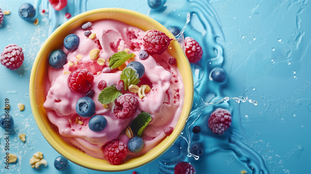 Top view of a vibrant gelato with blueberries, strawberries, and nuts in yellow bowl. Top view of a vibrant gelato with blueberries, strawberries, and nuts in yellow bowl.