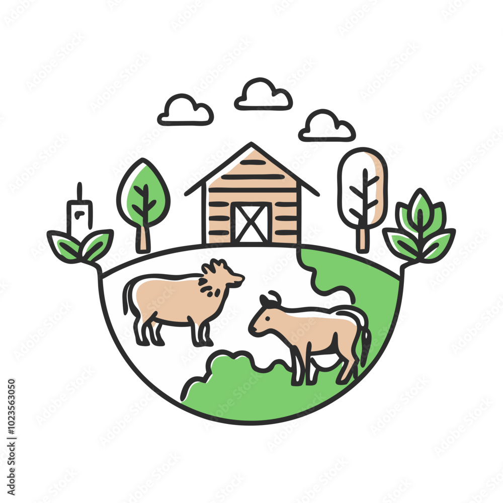 Sustainable farming icon with cows and barn in rural landscape Sustainable farming icon with cows and barn in rural landscape