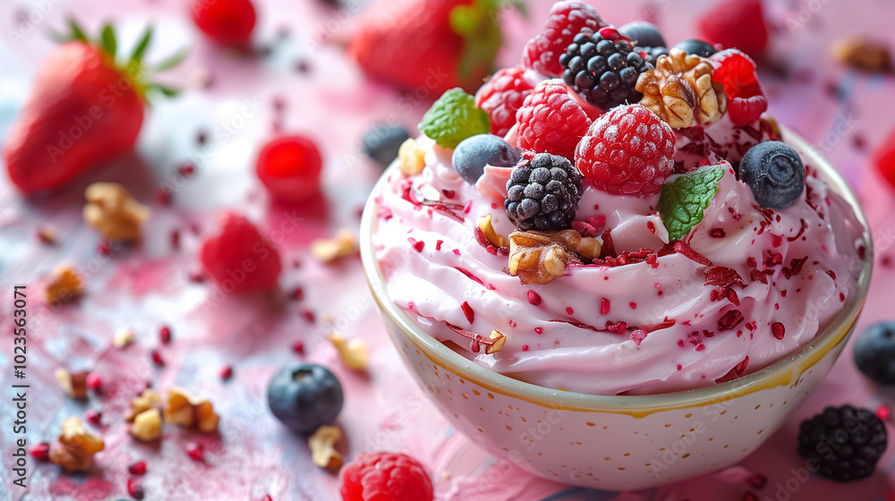 Yellow Bowl of Yogurt with Fruits and Walnuts on Pink Background Yellow Bowl of Yogurt with Fruits and Walnuts on Pink Background