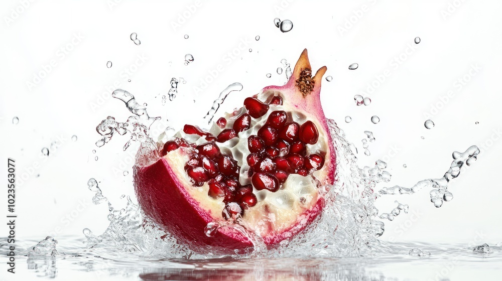 Pomegranate Half Splashing in Water with Red Seeds Pomegranate Half Splashing in Water with Red Seeds