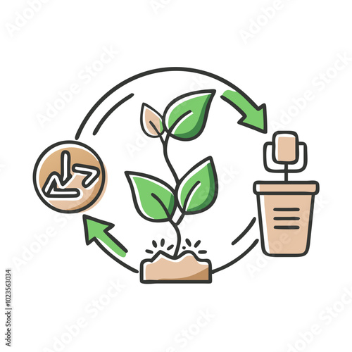 Recycling plant icon with growth cycle and eco-friendly symbols