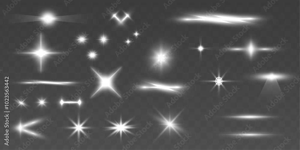 Collection of highlights, stars and rays of light with luminous swirling and spiraling particles on a transparent background. Flying star effect. Collection of highlights, stars and rays of light with luminous swirling and spiraling particles on a transparent background. Flying star effect.