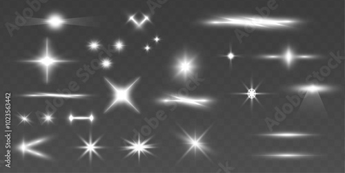 Collection of highlights, stars and rays of light with luminous swirling and spiraling particles on a transparent background. Flying star effect.	