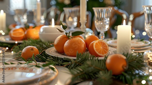 Enchanting Holiday Feast Vibrant Tangerine Garnishes Adorn Festive Table with Twinkling Lights and Greenery Perfect for Christmas Thanksgiving or New Year's Celebrations