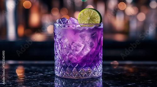 Purple Cocktail with Lime, Close-Up, Elegant Nighttime Drink on Marble Counter