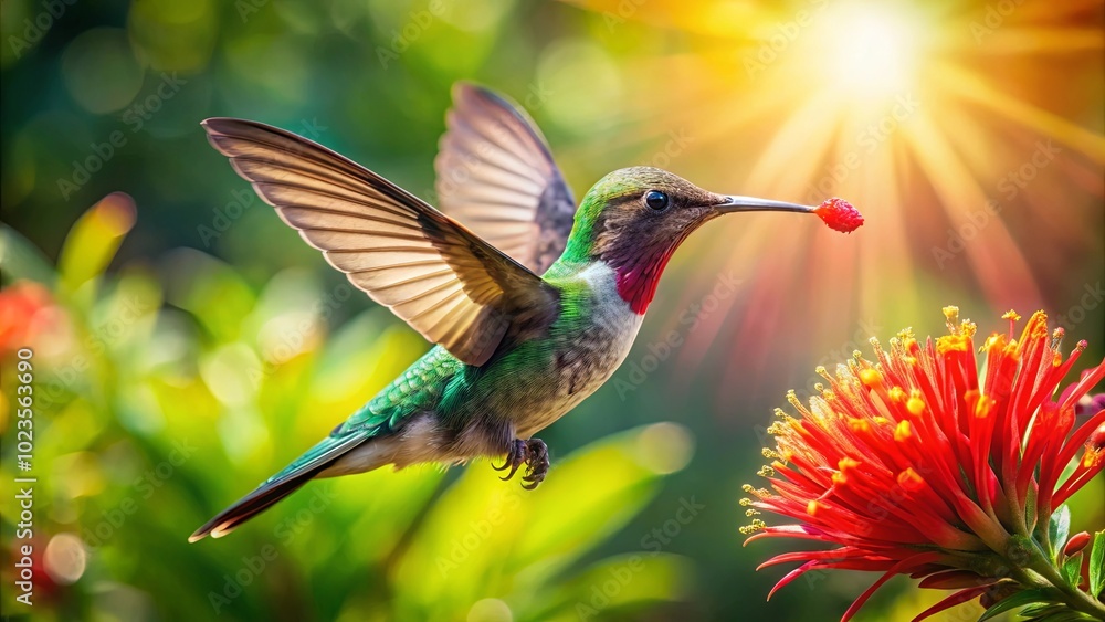 Iridescent Hummingbird Hovering Over Vibrant Flower Iridescent Hummingbird Hovering Over Vibrant Flower