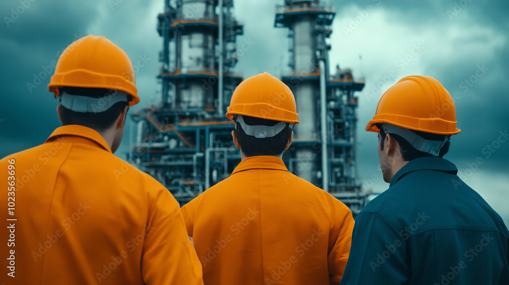 Three workers in orange helmets and jackets looking at a refinery. The ominous sky enhances the industrial atmosphere. Perfect for showcasing teamwork in manufacturing. Three workers in orange helmets and jackets looking at a refinery. The ominous sky enhances the industrial atmosphere. Perfect for showcasing teamwork in manufacturing.