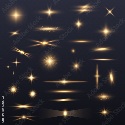 Big set of lighting effects in the form of flashes, glare, light dust, sun and yellow stars. Light effect flashes white glitter, vector glow line glitters.	