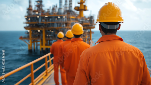 Workers in orange uniforms and hard hats walk towards an offshore oil rig against the backdrop of the ocean and sky.