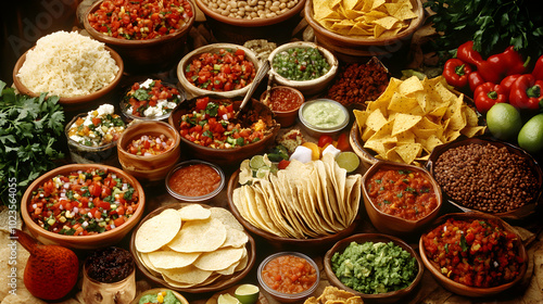 A variety of traditional Mexican ingredients for making tacos, including salsa, beans, tortillas, and guacamole.