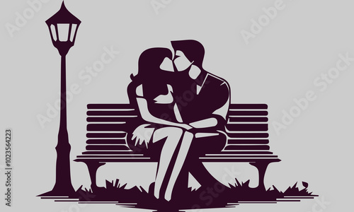 Couple sweet kissing siting on bench in park romantic, Showing natural beauty as the background for a love story 