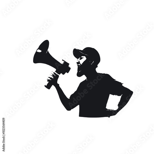 a vector black color silhouette of A young man with a beard wearing a baseball cap and shouting into a megaphone 