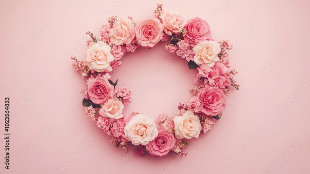 Soft pink rose wreath on pastel pink background. Soft pink rose wreath on pastel pink background.