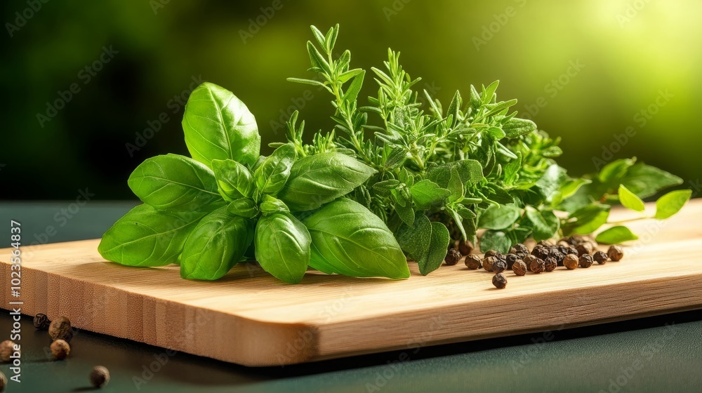 Fresh Basil Thyme and Oregano on Wooden Cutting Board with Black Peppercorns Fresh Basil Thyme and Oregano on Wooden Cutting Board with Black Peppercorns