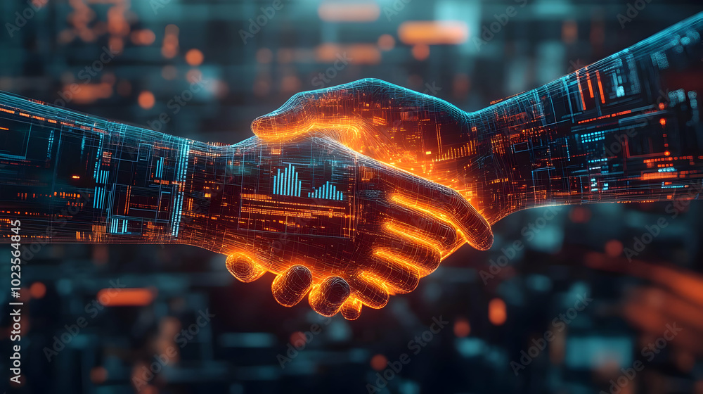 3D Close Up of Futuristic Business Deal Featuring Holographic Documents & Virtual Handshakes in High-Tech Corporate Setting 3D Close Up of Futuristic Business Deal Featuring Holographic Documents & Virtual Handshakes in High-Tech Corporate Setting
