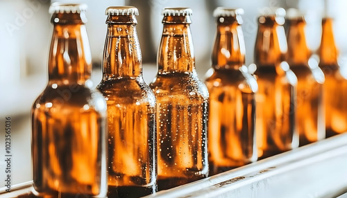 Close-up of a row of beer bottles on a conveyor belt in a brewery.