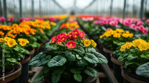 Interior of large greenhouse, rows of colorful flowers gardening and plants