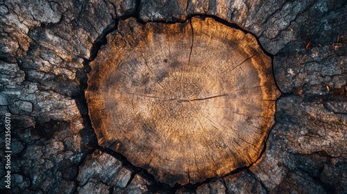 Close-up of tree stump texture with natural wood rings.