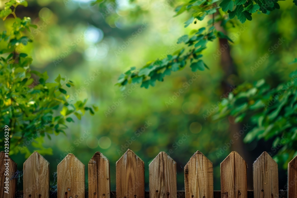 Fototapeta premium Wooden fence with blurred lush green forest vegetation in background