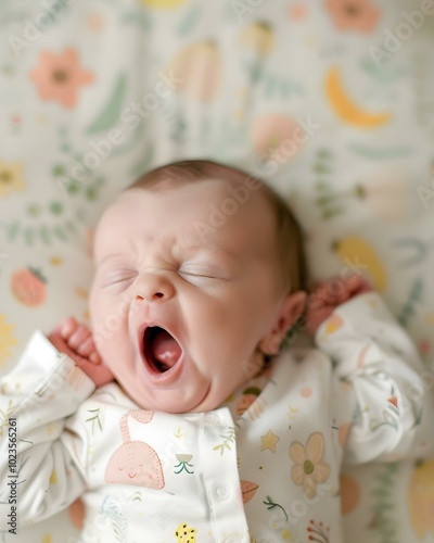 Yawning newborn baby in patterned pajamas
 photo