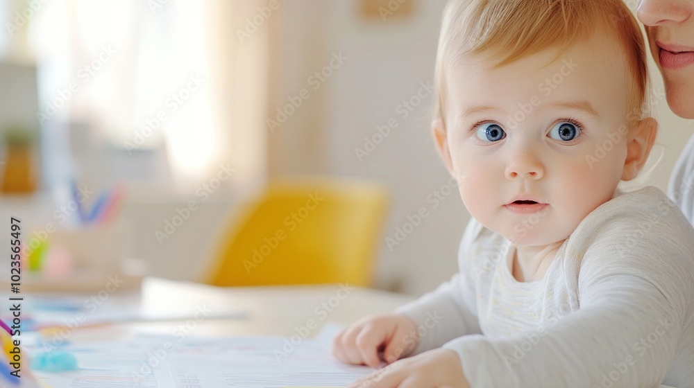 A work-from-home moment where a toddler sits on a parent's lap during a Zoom call A work-from-home moment where a toddler sits on a parent's lap during a Zoom call