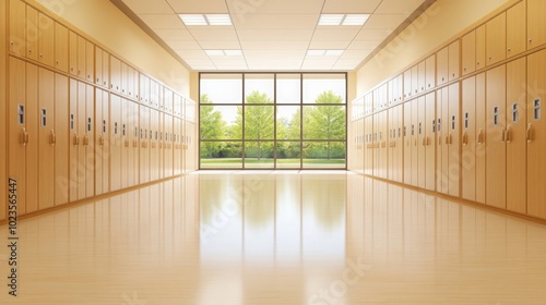 Wooden Lockers Corridor Interior Design Modern Building photo