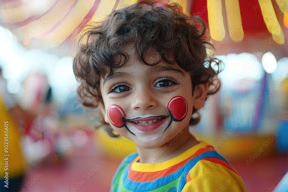 A Young Child Dressed as a Clown Smiles with Painted-On Red Noses A Young Child Dressed as a Clown Smiles with Painted-On Red Noses