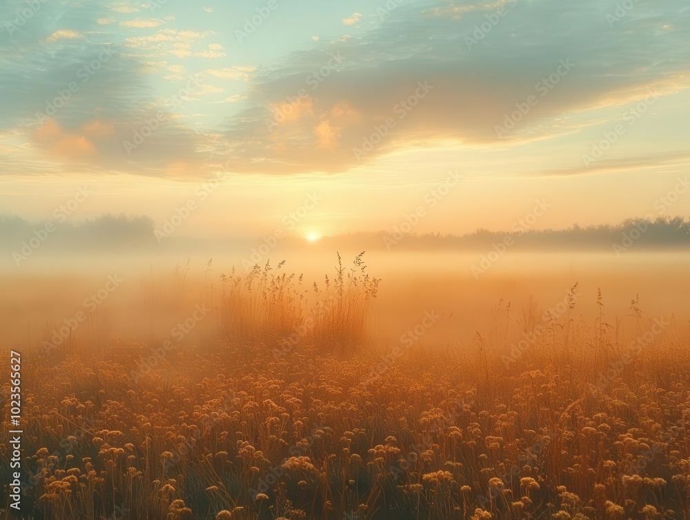 Fototapeta premium misty morning over a vast savanna field, with soft clouds drifting and golden grasses swaying, creating a peaceful atmosphere that evokes a sense of wonder and nature's beauty