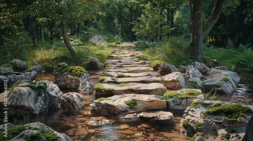 Enchanting Stone Footbridge Over Babbling Brook in Serene Forest Setting Enchanting Stone Footbridge Over Babbling Brook in Serene Forest Setting