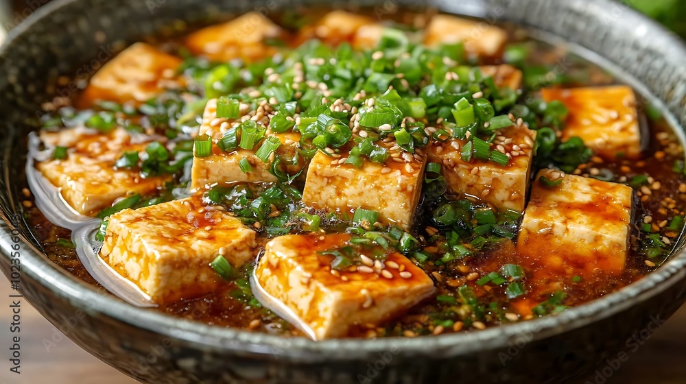 Agedashi Tofu in Dashi Broth: Crispy, fried tofu cubes served in a warm dashi broth, topped with finely sliced green onions and bonito flakes, presented in a deep, traditional bowl. Agedashi Tofu in Dashi Broth: Crispy, fried tofu cubes served in a warm dashi broth, topped with finely sliced green onions and bonito flakes, presented in a deep, traditional bowl.