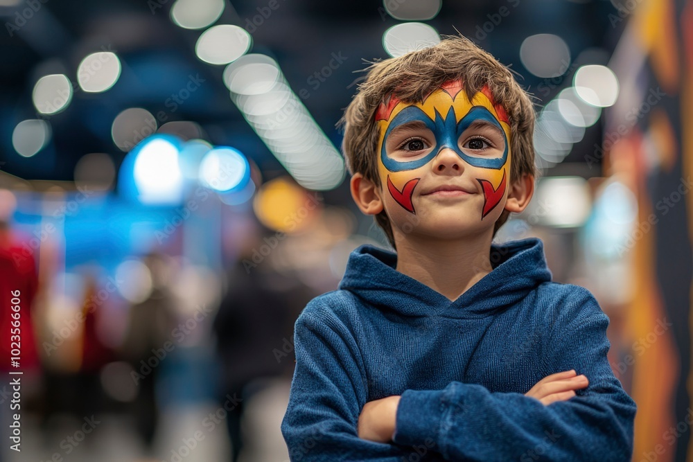 A young boy with colorful face paint stands in a blurred background. A young boy with colorful face paint stands in a blurred background.