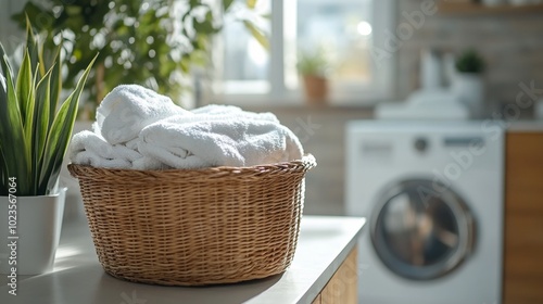 laundry clothes pile in a wicker basket at a bathroom or utility counter next to a washing machine