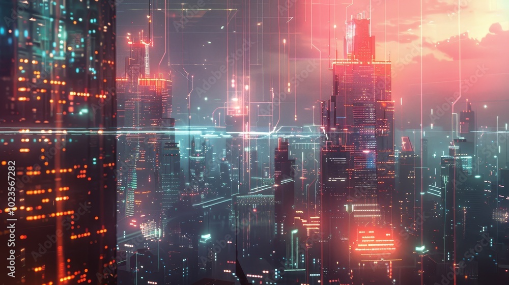 Fototapeta premium Electric Dreams Futuristic Cityscape with Interconnected Buildings and Glowing Energy Lines Smart Energy Distribution Concept