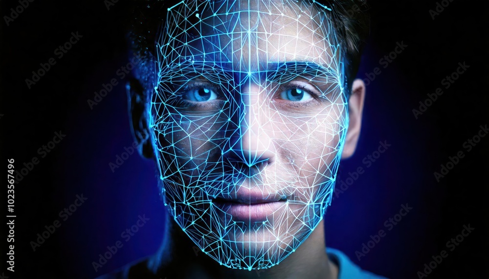 Closeup of face with glowing lines representing facial recognition technology Closeup of face with glowing lines representing facial recognition technology