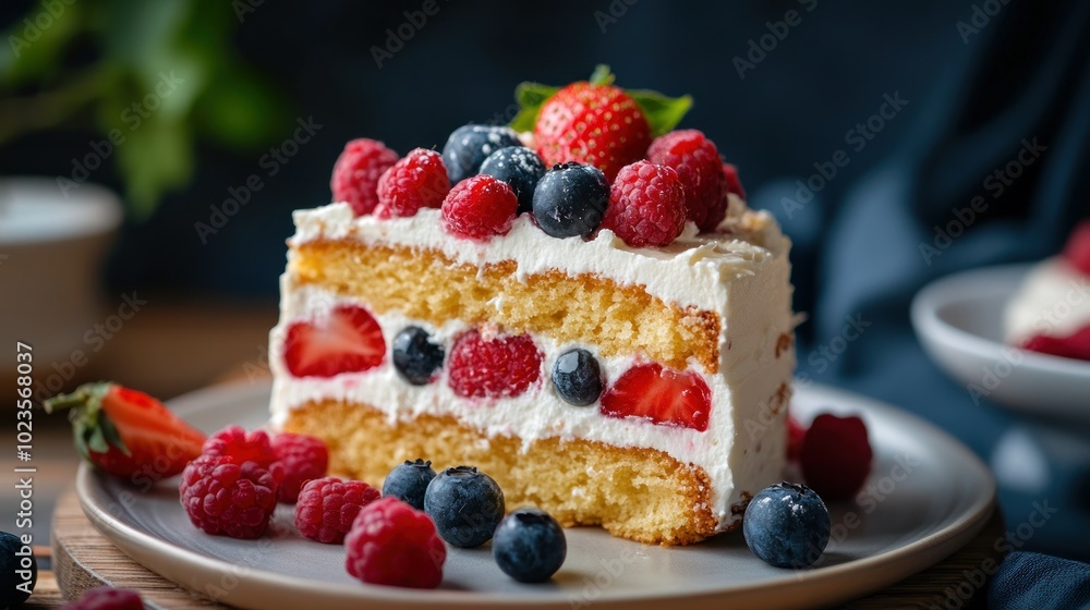A Slice of Cake Topped with Whipped Cream and Fresh Berries A Slice of Cake Topped with Whipped Cream and Fresh Berries