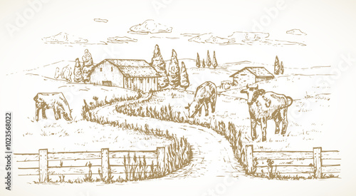 Cow Farm Sketch Rustic Landscape Illustration. Hand Drawn Vector Countryside Village Yard with Domestic Cattle Animals Doodle. Engraving Style Pasture Drawing. Isolated