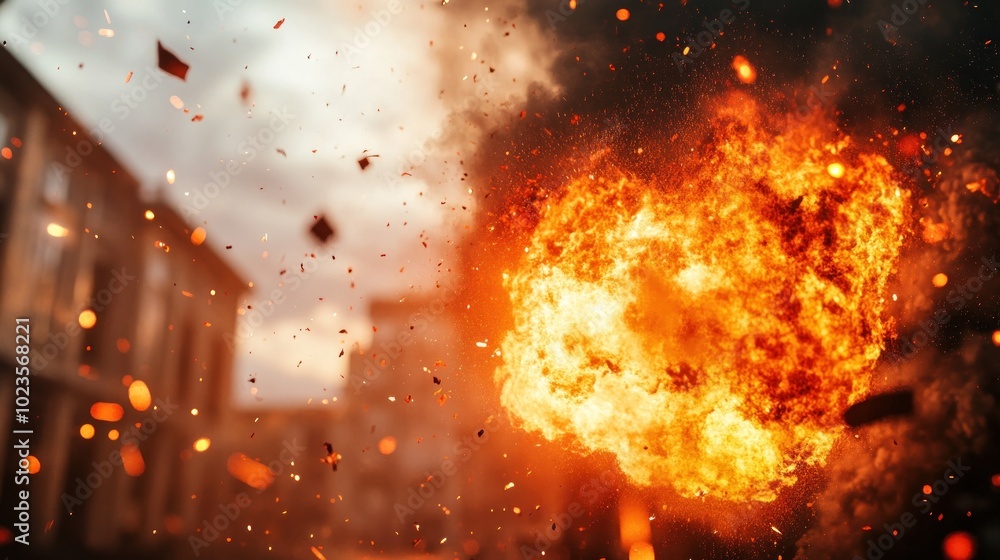A dramatic explosion with fiery flames and debris in an urban setting. A dramatic explosion with fiery flames and debris in an urban setting.